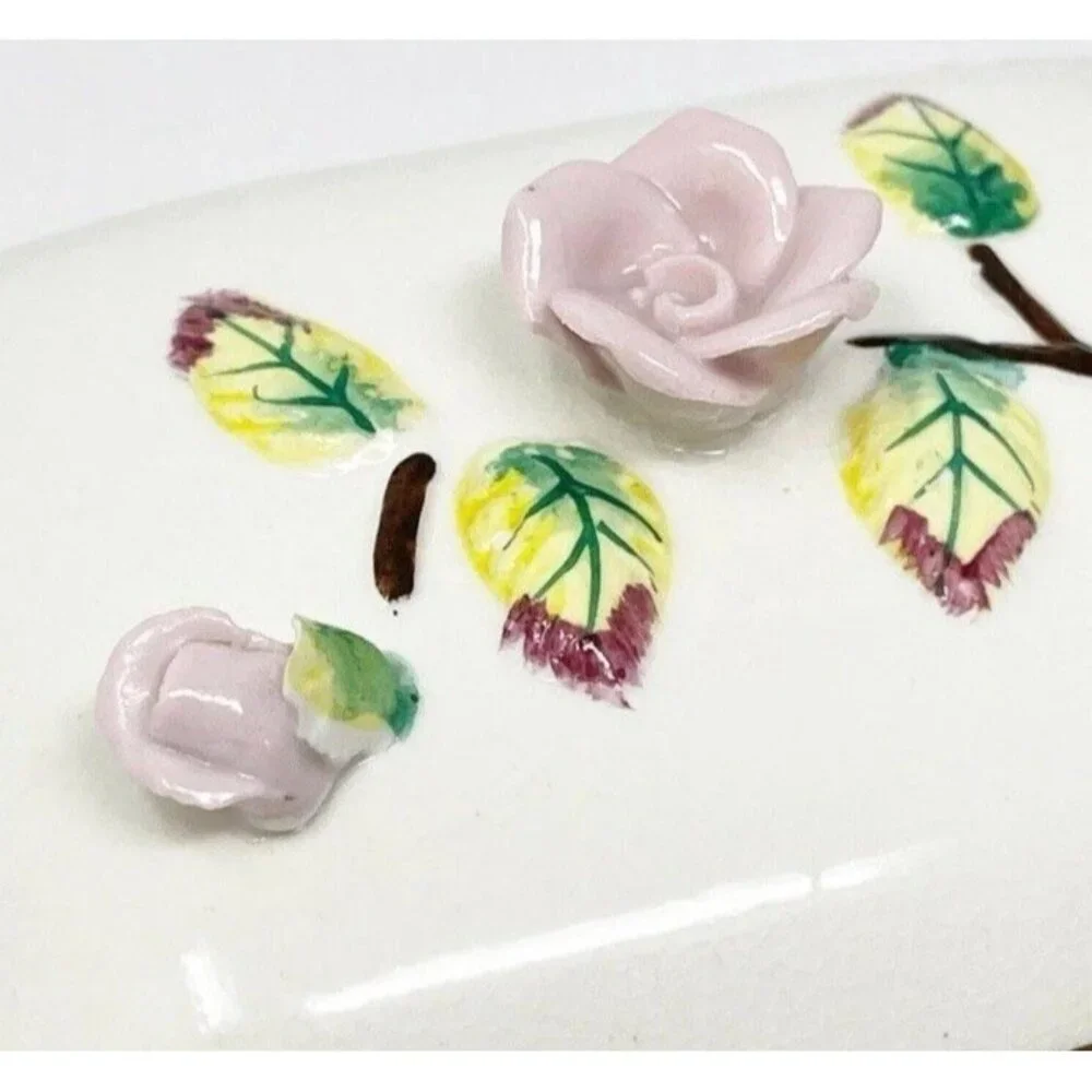 Vintage Japan Porcelain Trinket Jewelry Box w/ Rose Applied Flowers & Inserts